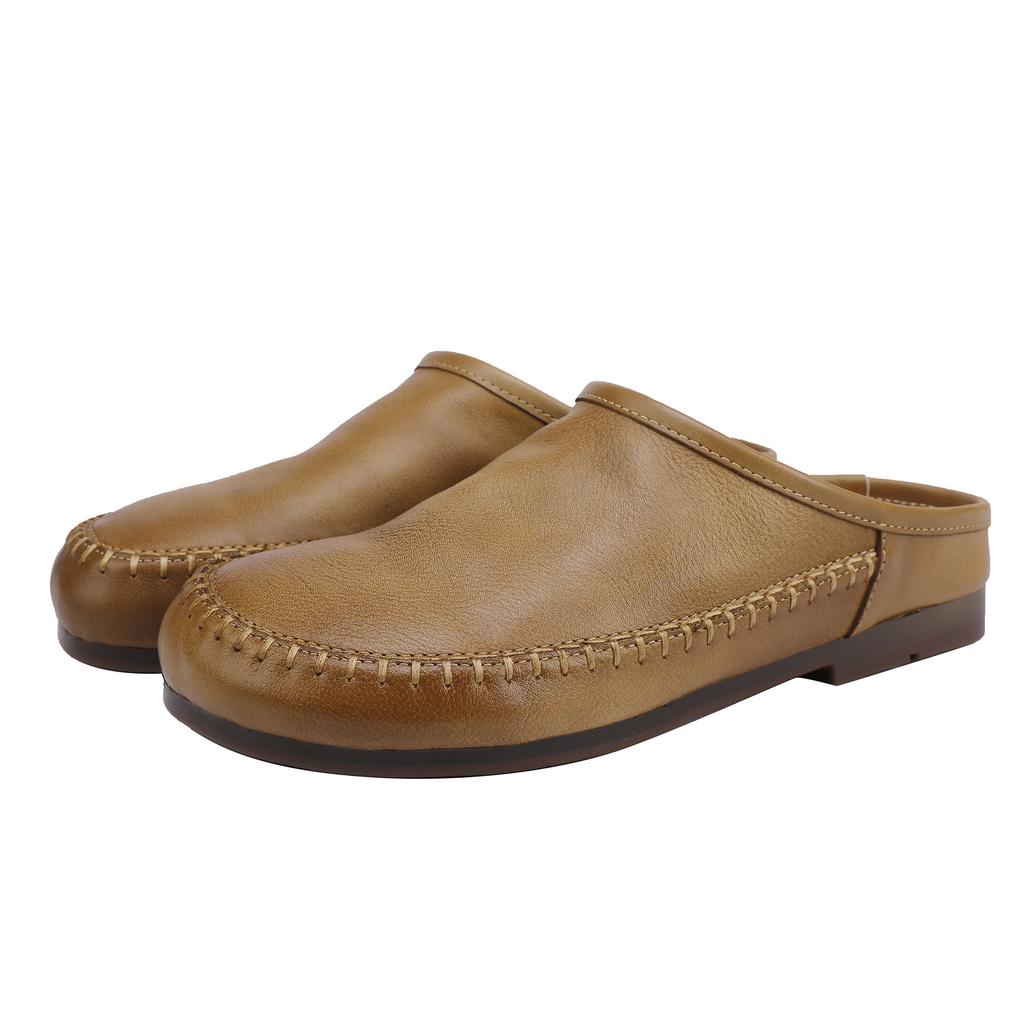 Johnature Retro Soft Soled Women's Slippers Genuine Leather Solid Color Handmade Comfortable Outdoor Slides