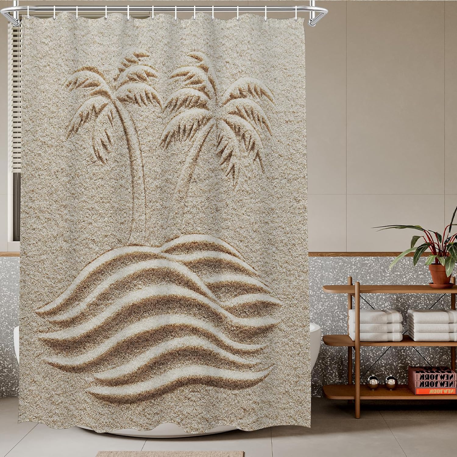 

Beach Shower Curtain Tropical Palm Tree Sand Painting Scenic Ocean Coast Decor Waterproof Bathroom Set With Hooks W60H190(CM)-1 Pcs