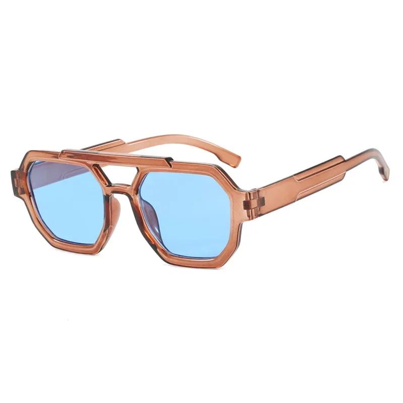 Fashion Double Bridges Women Polygon Square Sunglasses Retro Tea Blue Men Shades UV400 Sun Glasses