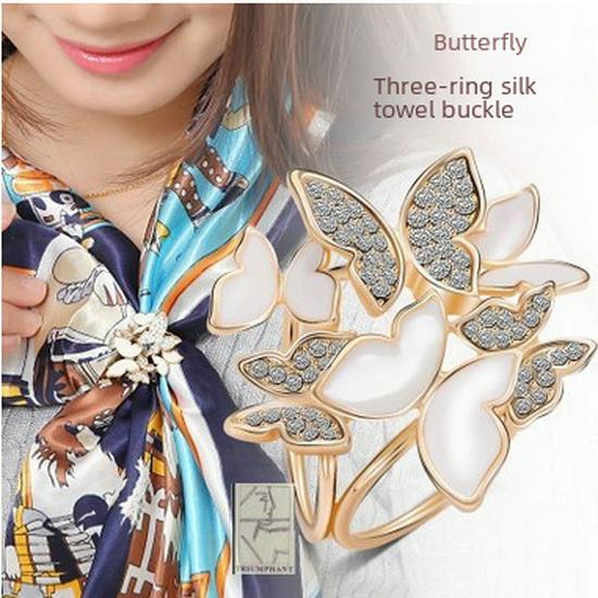 Korean Style Rhinestone Butterfly Three-Ring Scarf Buckle & Dual-Use Brooch