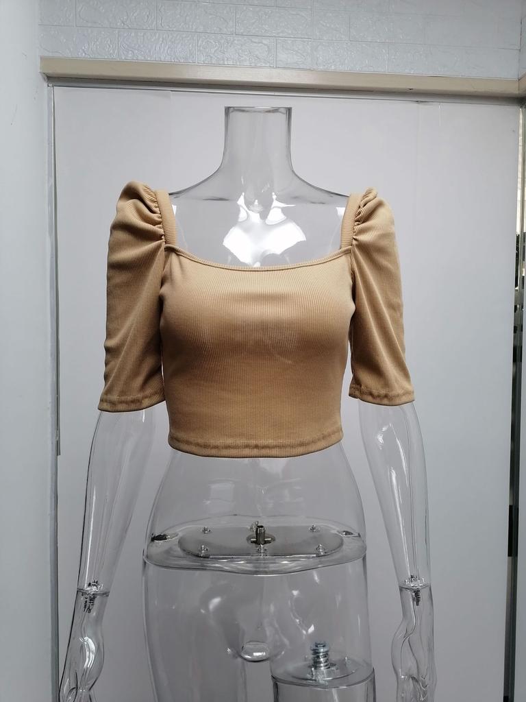 Women's Spring New Women's Simple Square Neck Puff Sleeve Top Women's Short Sleeve