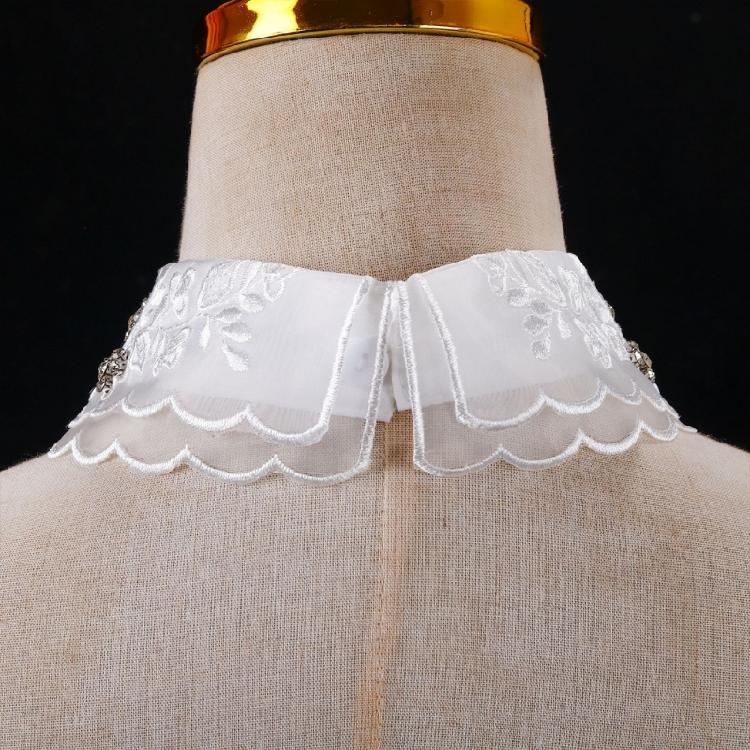 Fashionable Embroidery Floral Beaded Lace Fake Collar for Women Lapel Ruffled Organza Removable Collar Dress Accessory