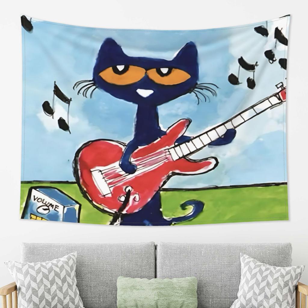 Pete the Cat Guitar Music Tapestry Single Print Fun Wall Hanging Home Bedroom Living Room Music Theme Decor Indoor Use Tapestry
