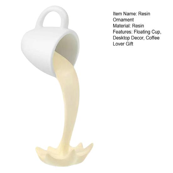 Plovoucí socha šálku kávy z pryskyřice, ozdoba s rozlitou kávou, stolní dekorace s naléváním a stříkající kávou do kuchyně