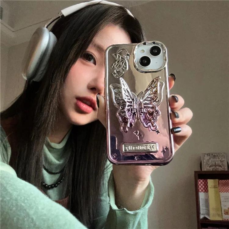 For iPhone 13 / 14 Case Electroplating TPU Phone Cover with Butterfly Shaped Kickstand Gradient Color - Purple