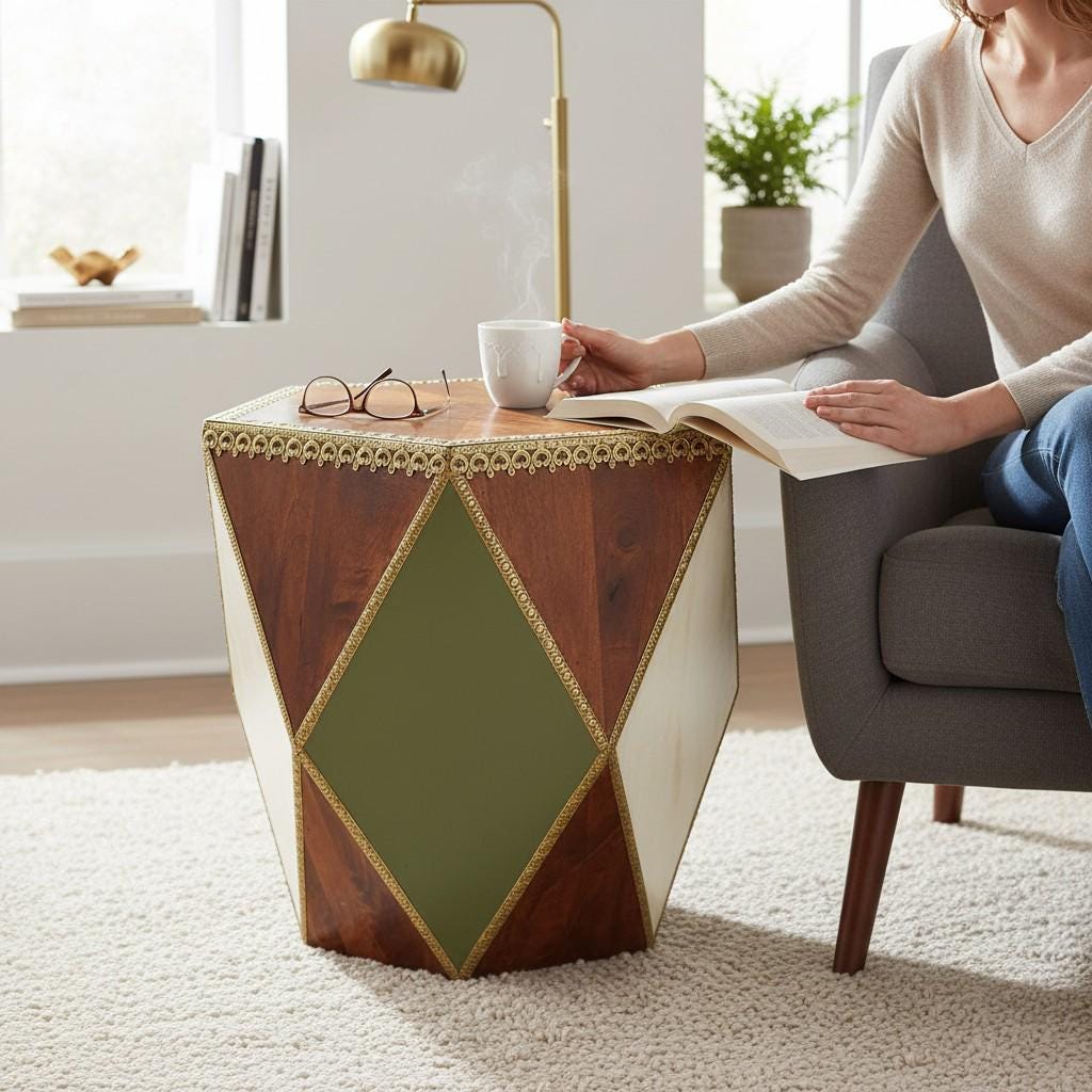 Wooden Coffee Table-India Central Home Decor Furniture-Hexagonal Side Table | Brass Inlay Accent Table | Geometric Boho End Table, Bedside
