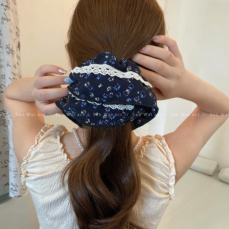 

Gentle floral skirt lace large intestine hair band retro navy blue disc hair large headband ponytail hair rope headgear