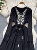 Women Spring Autumn Dress Retro Embroidered V-neck Strap Waist French Elegant Long Sleeve Grand Swing Long Dress