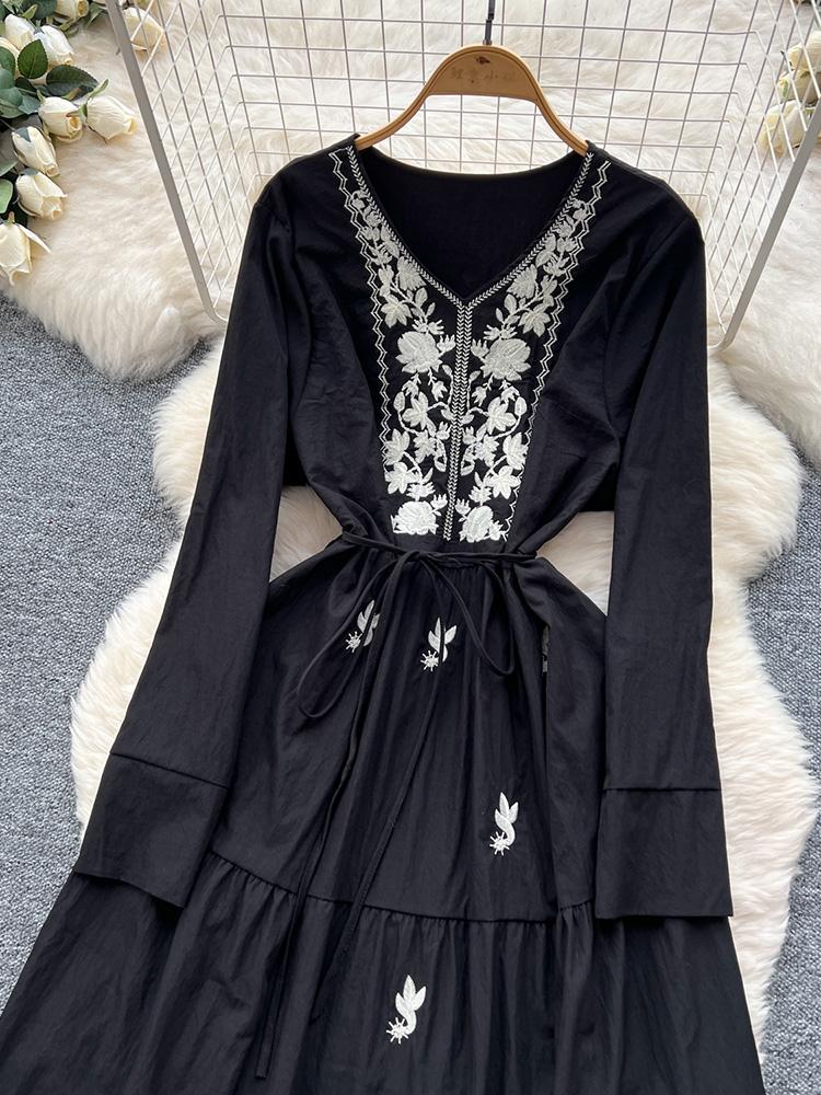 Women Spring Autumn Dress Retro Embroidered V-neck Strap Waist French Elegant Long Sleeve Grand Swing Long Dress