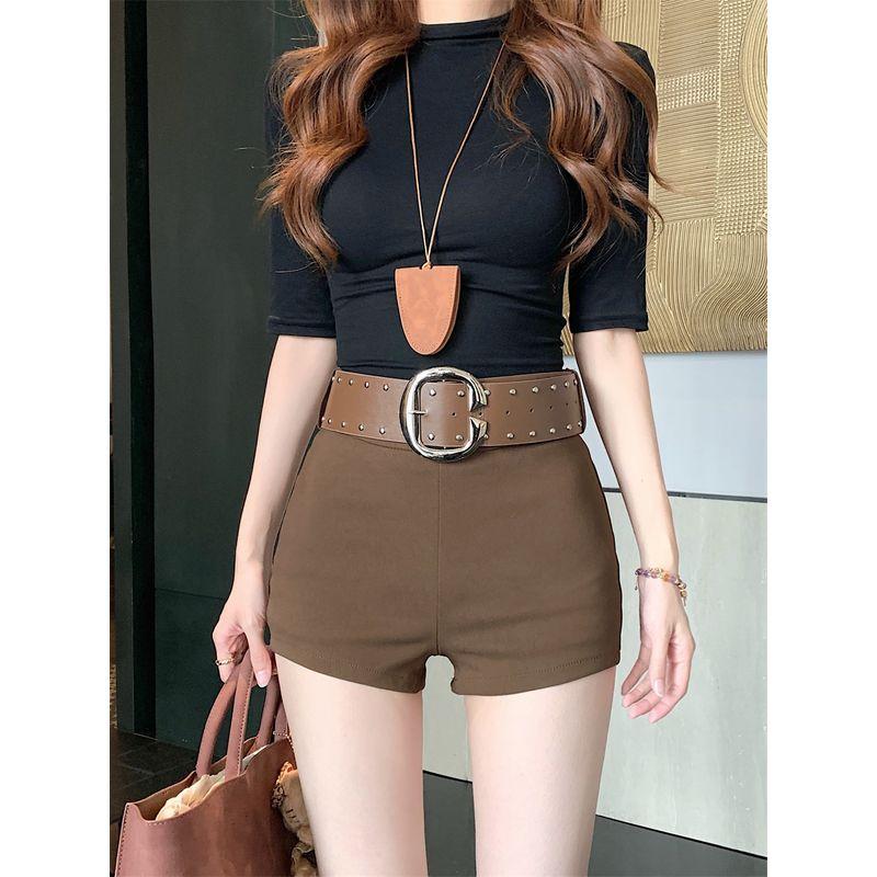 

Kumikumi American Style Sexy Belt High Waist Black Casual Pants Women s Clothing Autumn Slimming All-Matching Straight Pants Shorts Coffee belt XL