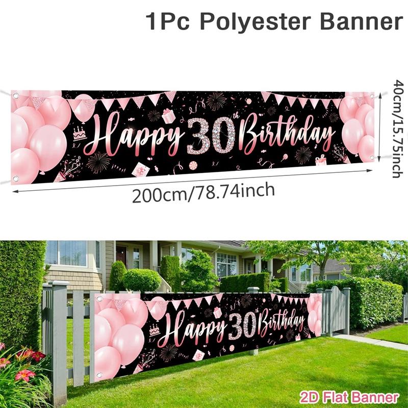 

Black Pink Balloons Flags Happy 30 40th 50th 60th Birthday Banner Birthday Party Decoration Outdoor Garden Party Banner Supplies