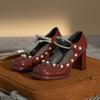 Spring and Summer New Rhinestone with Waterproof Table French Mary Jane 2025 Shoes Women's Versatile Pearl Thick Heel High Heels