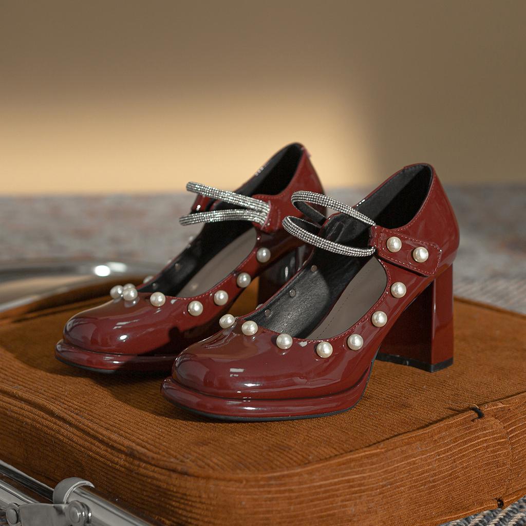 Spring and Summer New Rhinestone with Waterproof Table French Mary Jane 2025 Shoes Women's Versatile Pearl Thick Heel High Heels