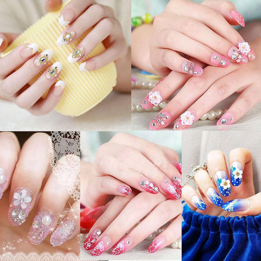 

Head Natural Crystal Flower Diamond Full Cover False Nail Tips With Glue Fake Nails Manicure Tool