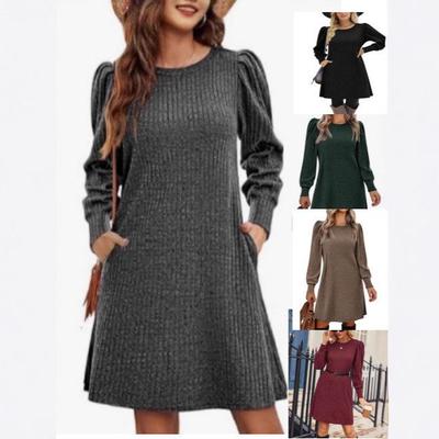 European & American Fashion Knitted Puff Sleeve Dress - Women's Autumn/Winter Casual Loose Fit with Pockets