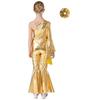 Girls Performance Jumpsuit Metallic Bell Bottom Design One Shoulder Flare Sleeve Bodysuit Hair Accessory