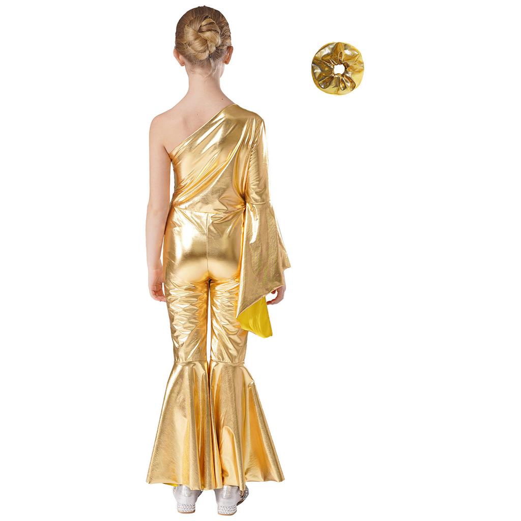 Girls Performance Jumpsuit Metallic Bell Bottom Design One Shoulder Flare Sleeve Bodysuit Hair Accessory