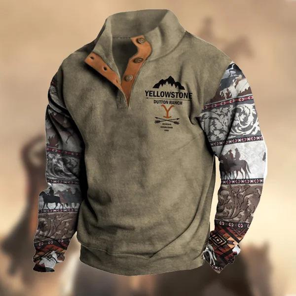 Men's Denim Christmas Ethnic-Style Distressed Print Henley Long-Sleeved Stand-Collar Sweatshirt