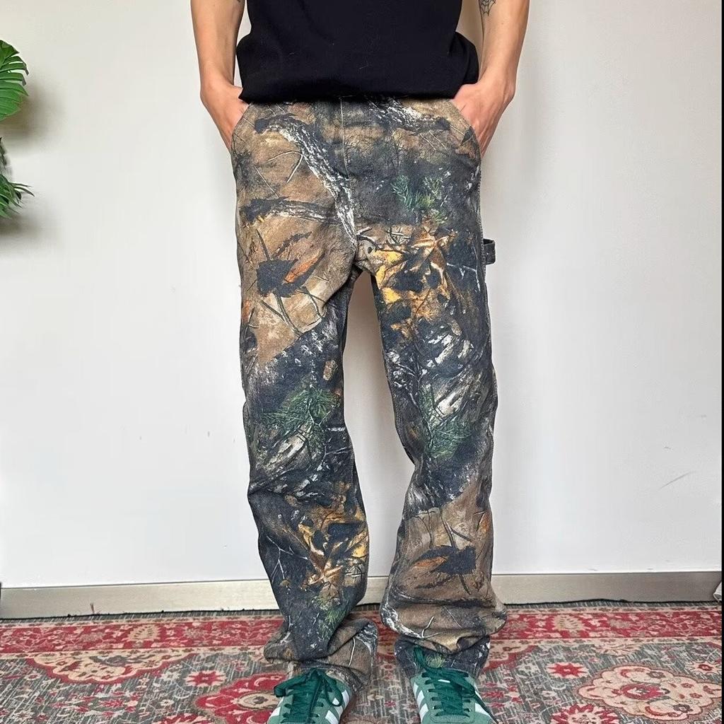 Retro American Branch Camouflage Graffiti Jeans Men's Style Niche Design Versatile Straight Logging Trousers