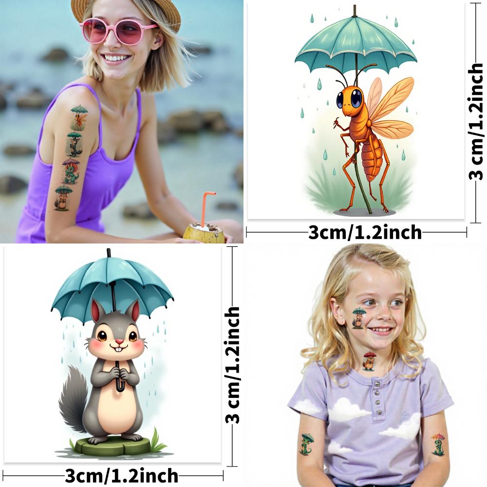 54pcs Waterproof Temporary Tattoos Kids Cute Umbrella Rain Animal Pig Fox Fake Tattoo Kawaii Body Art Arm Tattoo Stickers