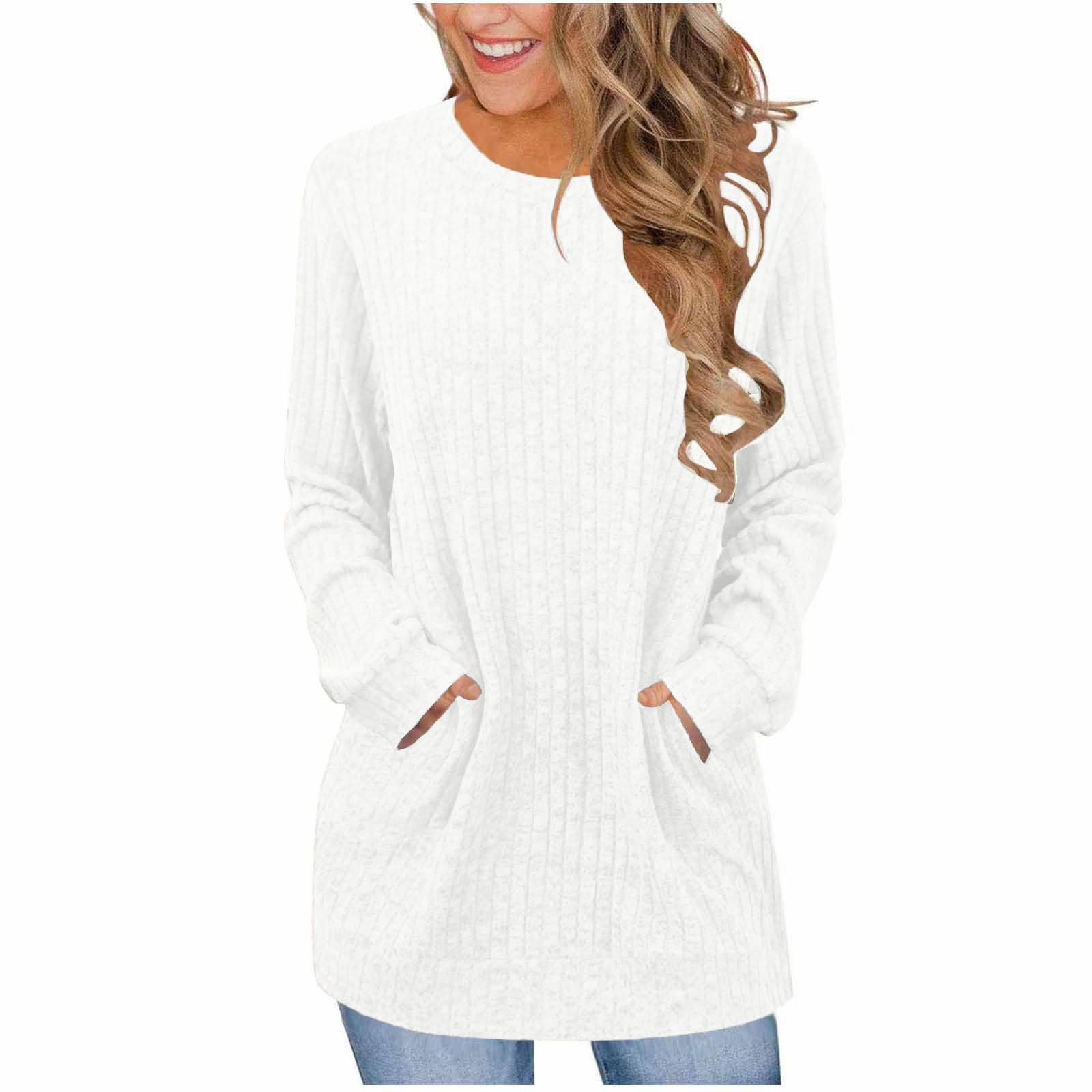 Women s Fashion Loose-Fit Round Neck T-Shirt Colour Pocketed Long-Sleeved Top L