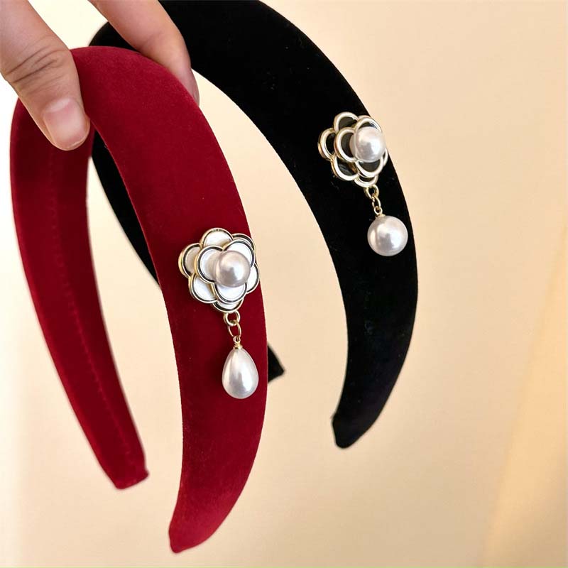 Korean Black Velvet Camellia Flower Headbands for Women Girls Elegant BB Clip Pearl Hairband Headwear Hair Accessories