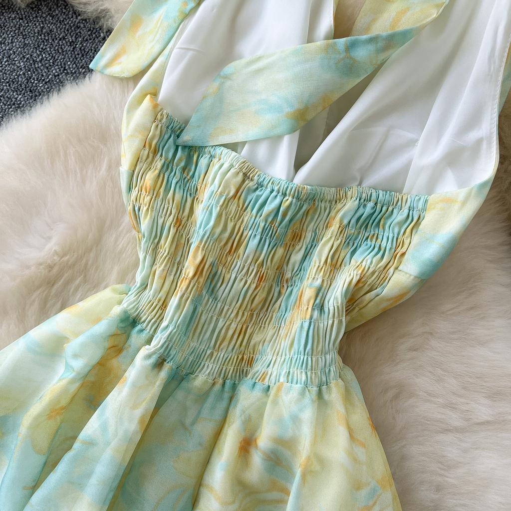 Summer Women V-neck Print Chiffon Halter Open Back Beading Long Maxi Holiday Beach Dresses