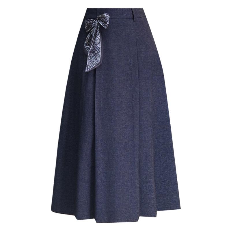 Autumn Silk Scarf Bow A-Line Pleated Skirt for Women