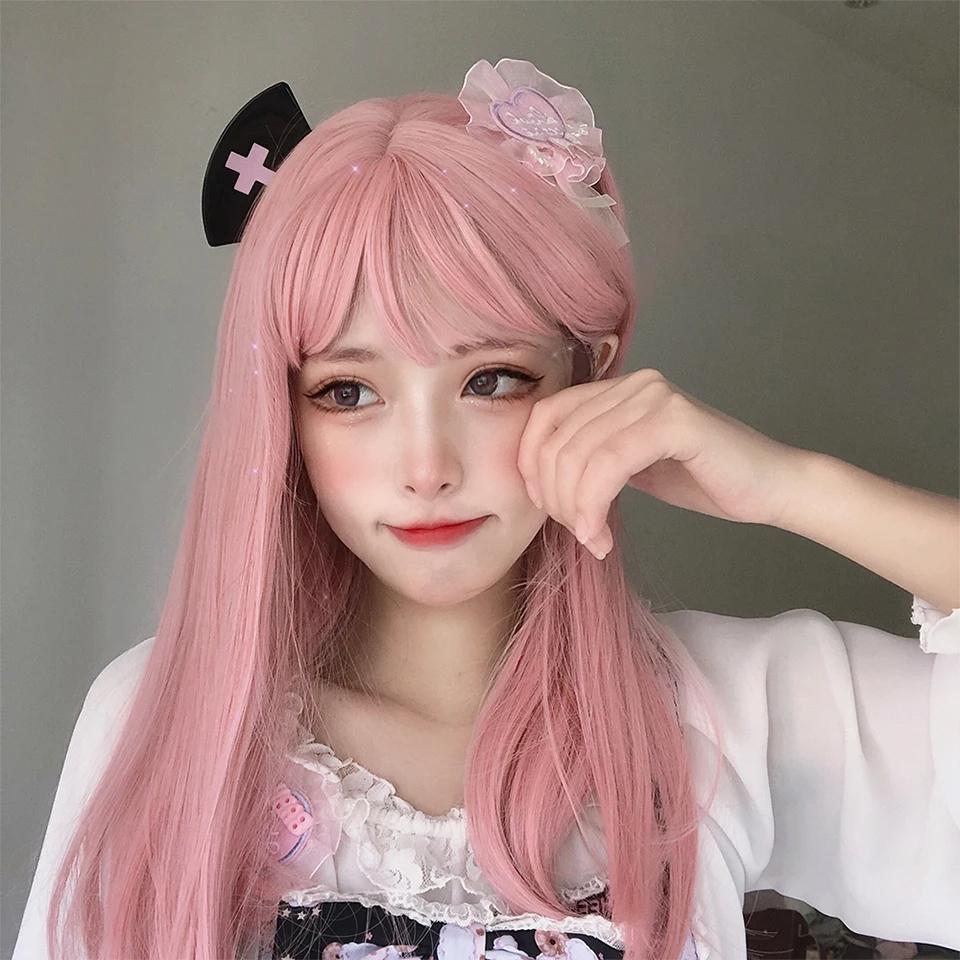 Synthetic Wig Pink Long Straight Wig With Bangs For Women Long Hair Heat Resistant Lolita Cosplay Party