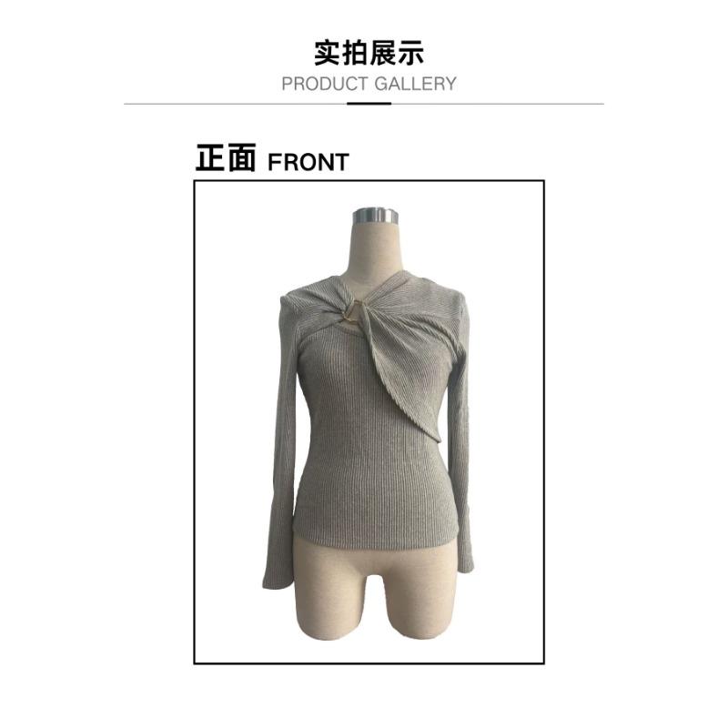 Women S Long Sleeve Knit Top With Irregular Neck Metal Buckle Decor Solid Color