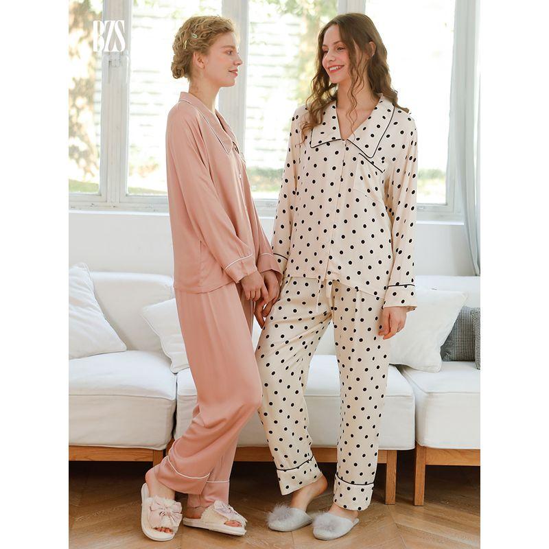 2024 Summer Hard Work Satin Square Collar Pajamas Pajama Pants Polka Dot Living Clothes Rayon Long Sleeve Trousers Home Clothes Set Women