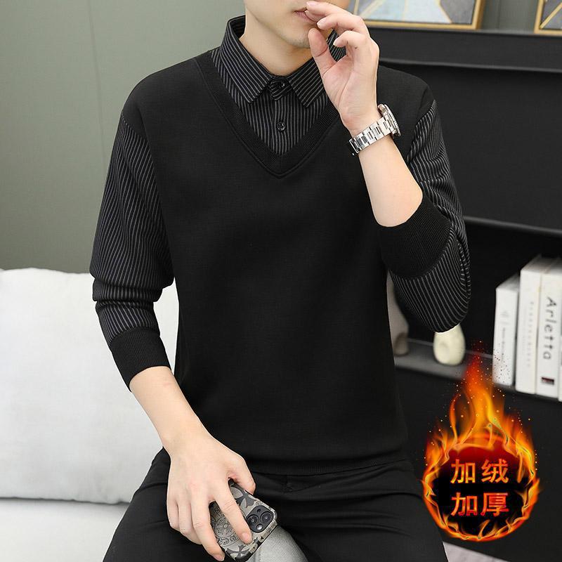 Men S Fake Two Piece Shirt Collar Fleece Striped Casual Sweater