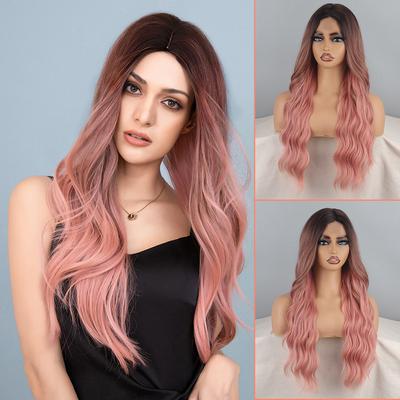 Women Long Wavy Ombre Pink Wig Without Bangs Synthetic Fiber Natural Wavy Lace Front Cosplay Daily Wear Wig