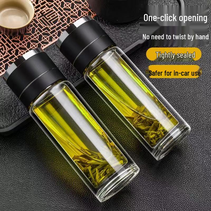 Portable Explosion-Proof Double-Layer Glass Cup with One-Button Open Lid for Tea Brewing - Insulated for Men and Women On Business Trips