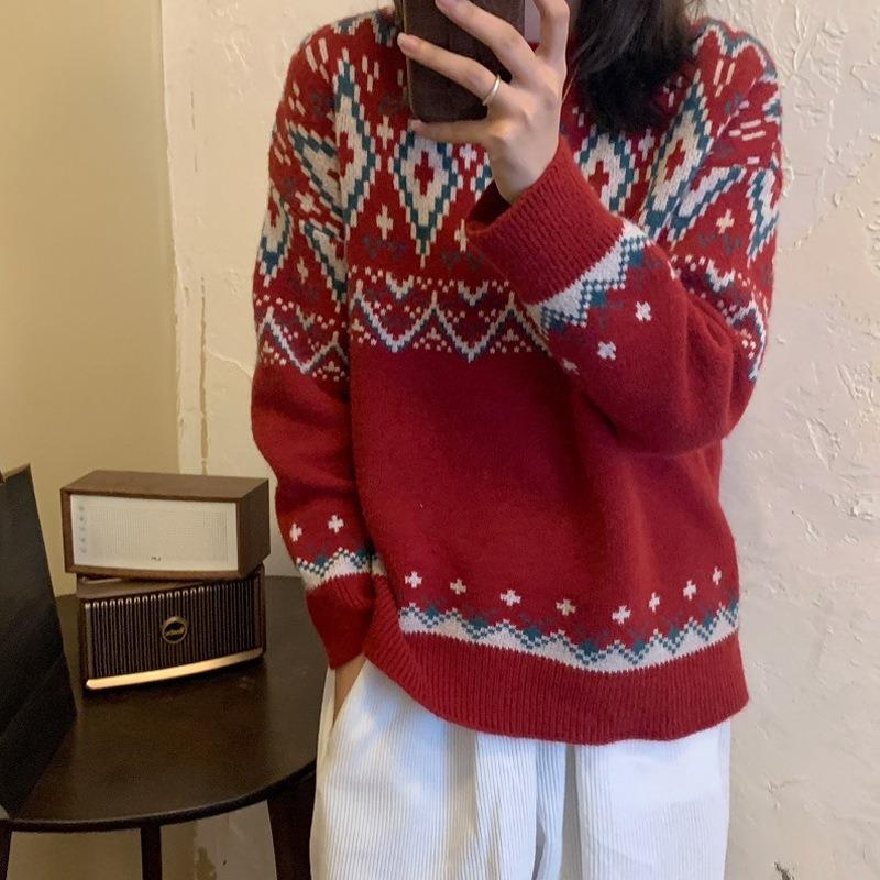 

Рождественский свитер свободный ретро ленивый стиль пуловер вязаный топ новогодний свитер для женщин One size красный
