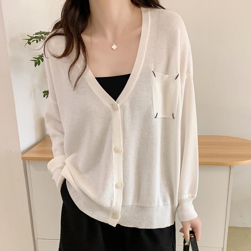 ITISF4 Women s V-Neck Ice Hemp Knit Cardigan One Size