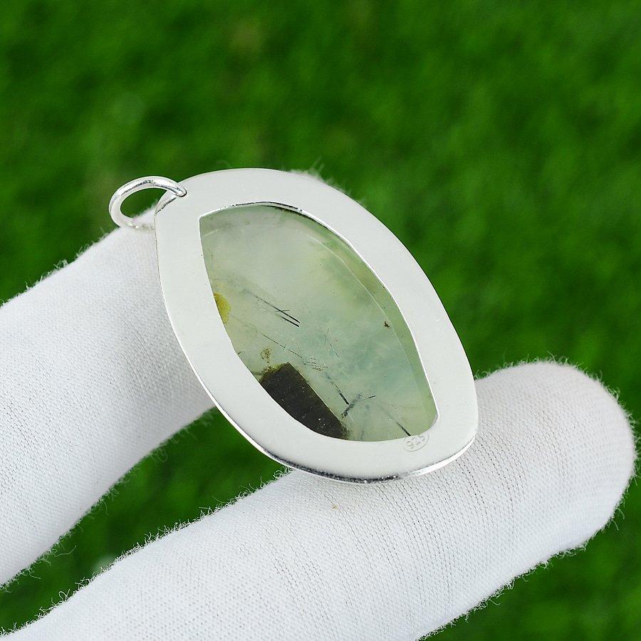Natural Moss Prehnite Gemstone Pendant Green 925 Sterling Silver Indian Jewelry