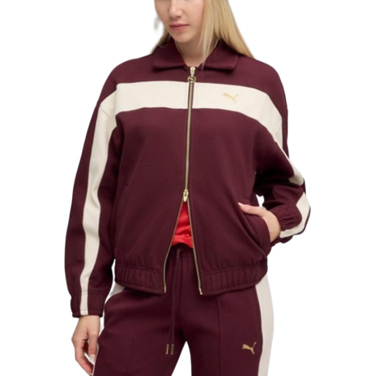 Puma T7 Relaxed Comfortable Versatile Sports Loose Color-Block Drop-Shoulder Jacket With Small Logo Double Zipper Women Jacket Burgundy 633960-96