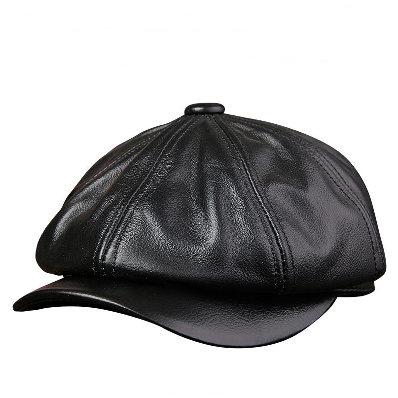2025 Retro Octagonal Genuine Leather Hat Autumn Men's Cowhide Leather Beret Elegant Fashion Tongue Cap Snapback Caps For Men