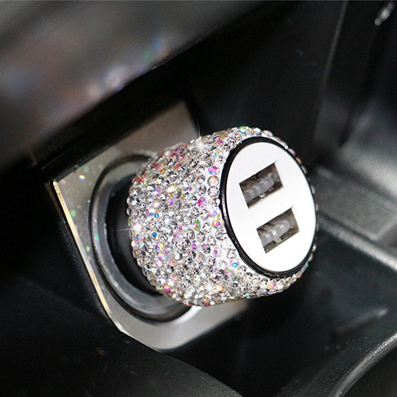 Bling Crystal 12V Car Charger Dual Port Fast Adapter Car Cigarette Lighter Extension Cord Car Accessories Interior