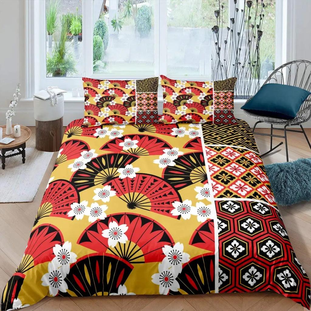 Japanese Style Duvet Cover Koi Fish Cherry Ukiyo-E Geisha Quilt Cover Sun Crane Polyester Japanese Culture Theme Bedroom Decor