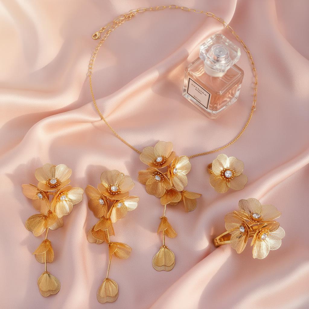 Exquisite 4-Piece Tassel Jewelry Set: Hollow Flower Necklace, Earrings, Bracelet & Ring