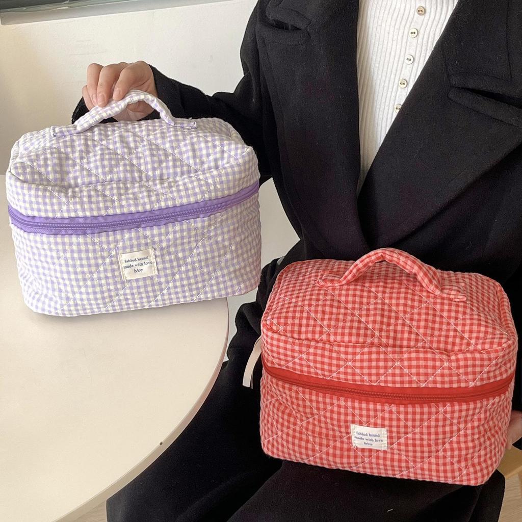 Berry Plaid Makeup Bag: Large Capacity, Portable Toiletry Organizer for Travel