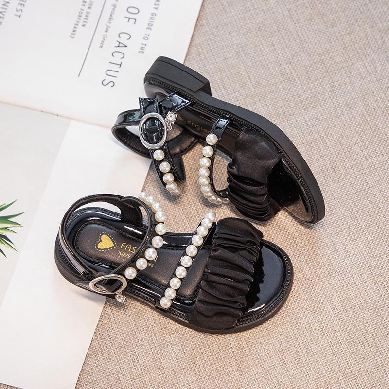 Girls Princess Sandals with Pearls Children Leather Sandals for Party Wedding Fashion Kids Performance Shoes Anti-Slippery