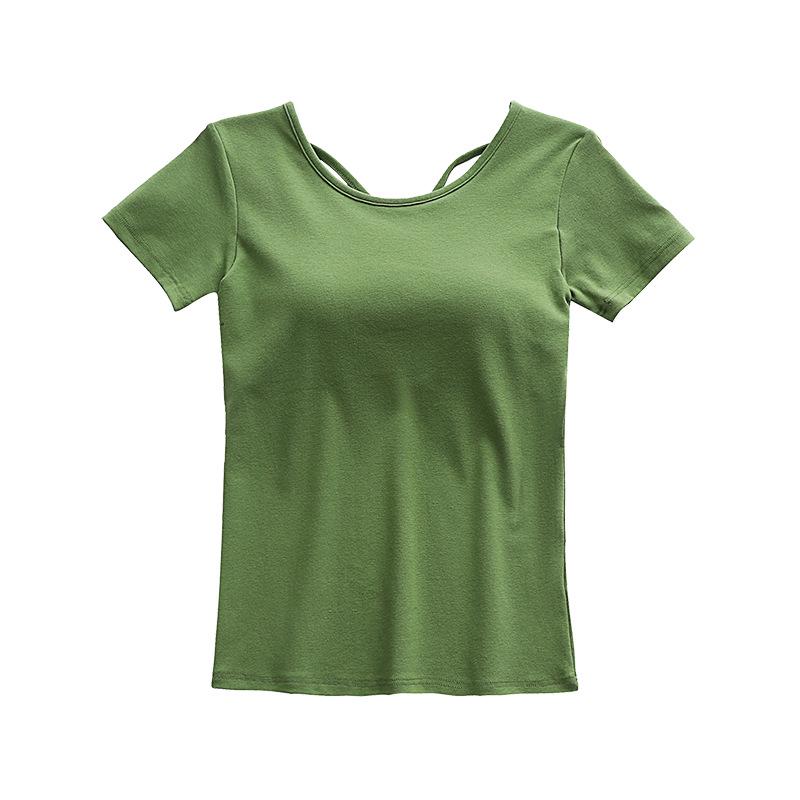 Dámské tričko s krátkým rukávem bez podprsenky - Čistá bavlna, Všitá podprsenka, Krásná záda, Zeštíhlující střih, Letní top