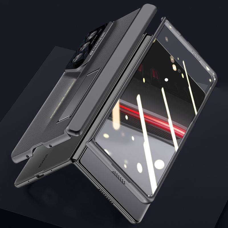 Für Honor Magic V2 RSR Porsche Design Hülle Lederbeschichtetes PC Magnetischer Ständer Handyhülle mit Blickschutzfolie