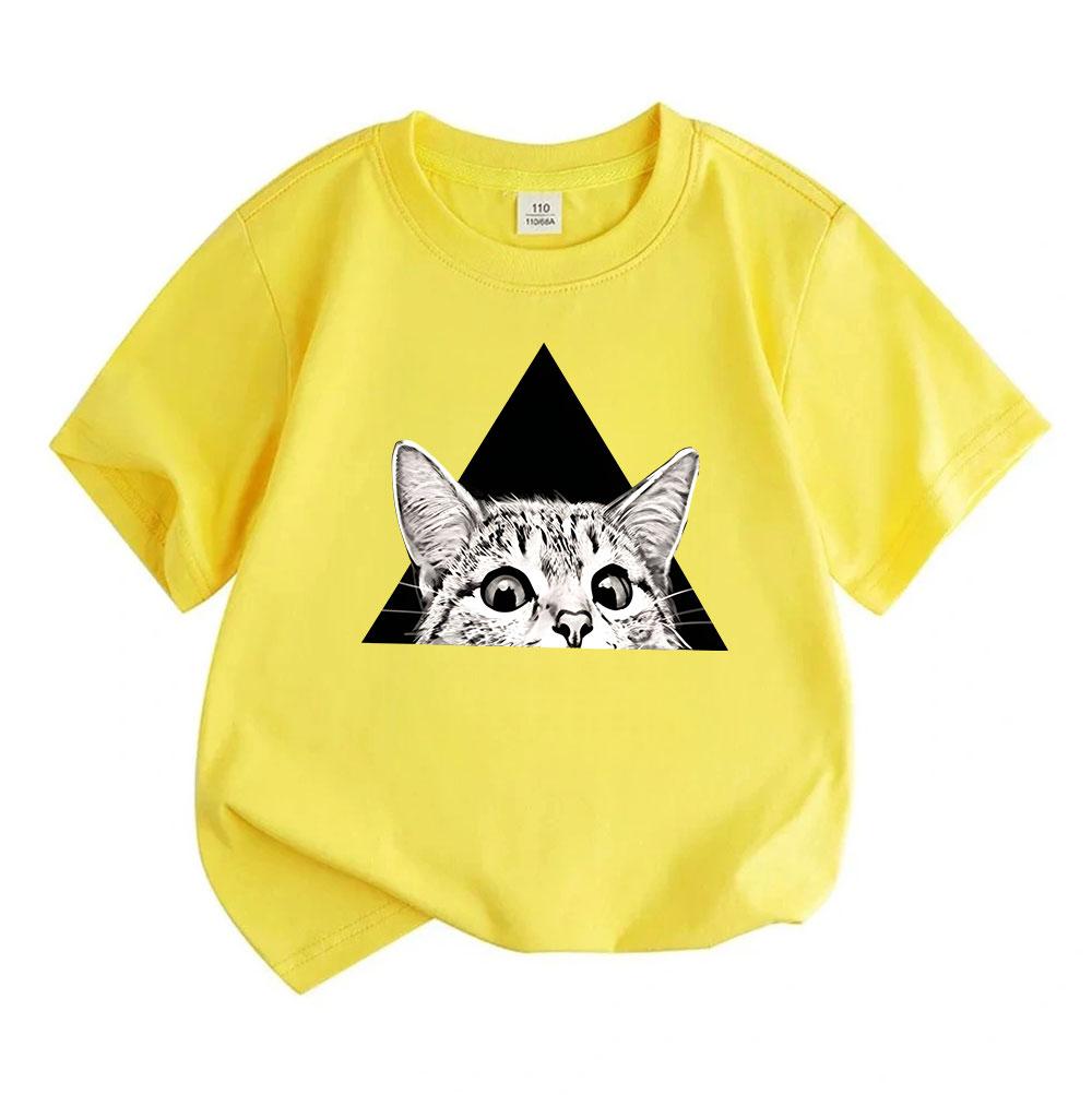 Kids Boys Girls 100% Cotton Crew Neck Short Sleeve T-Shirt, Cute Surprise Peeking Cat Geometric Black Triangle Pattern Casual Breathable Summer Tee fo