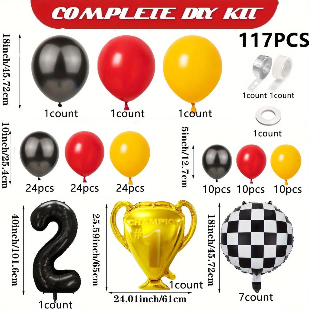 117pcs All-in-one Car Balloon Garland and Arch, Perfect for Lightning McQueen Racing Themed Birthday Parties and Themed Events