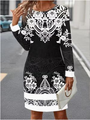 2025 Autumn and Winter New 3D Retro Print and Dyeing Women's Fashion Long-sleeved Round Neck Hip-wrapped Dress Valentine's Day Limited