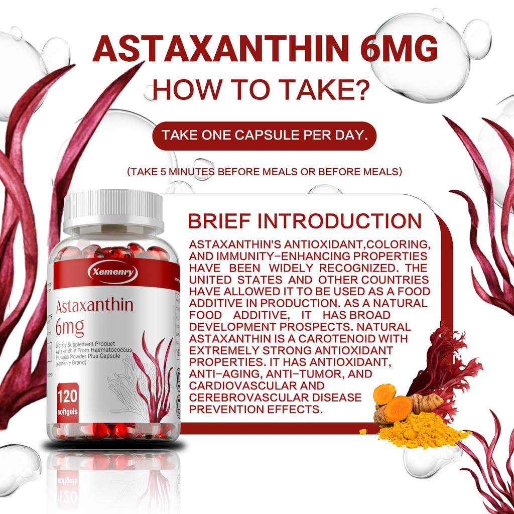 Astaxanthin 6 mg - Gurkemeie, Vitamin, Kraftig Antioksidant, Leddstøtte